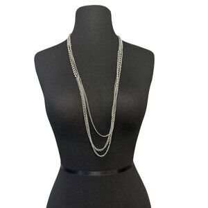Silver Multi Strand Layered Chain Necklace With Rhinestone Accents Adjustable
